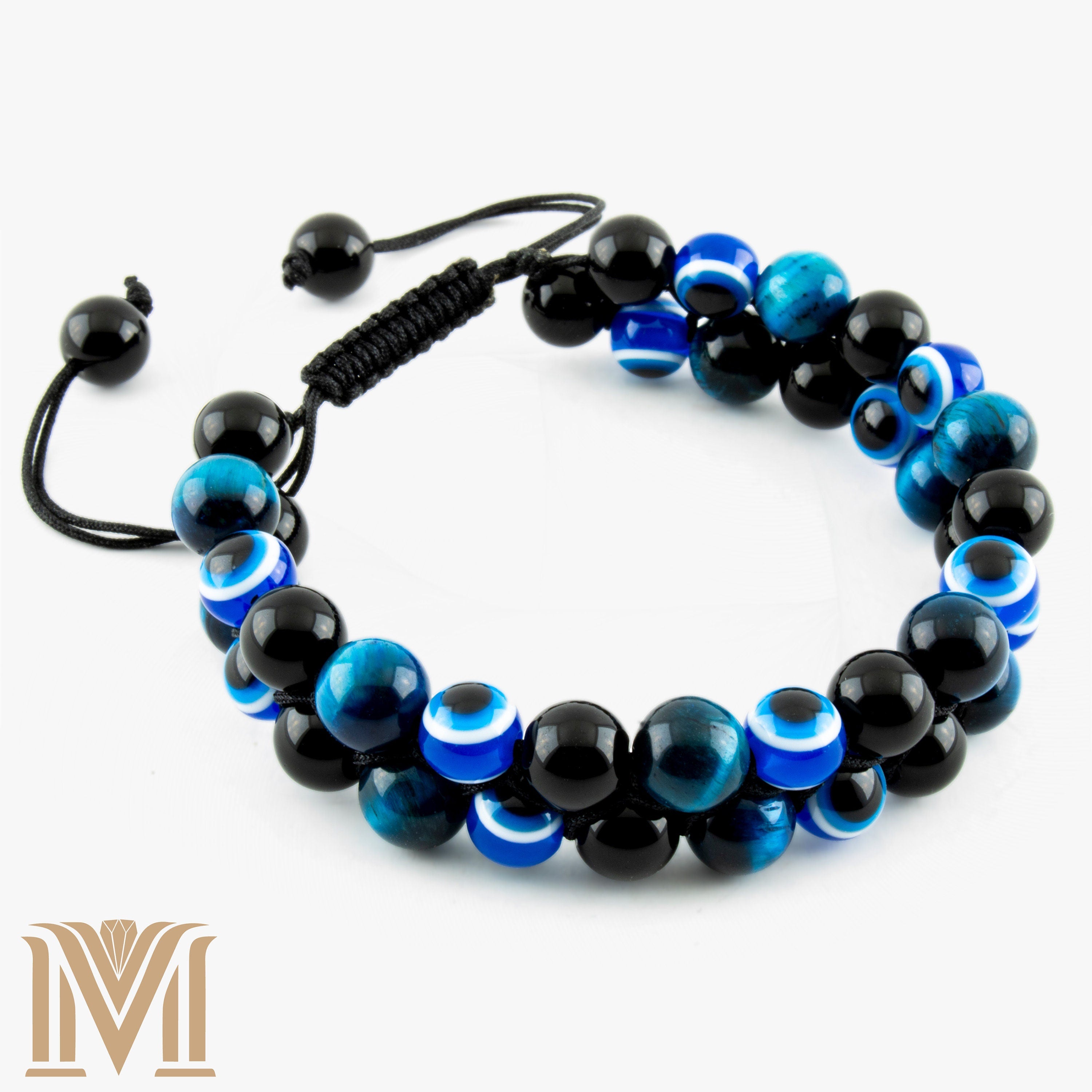 Adjustable evil eye bracelet with onyx and blue tiger eye