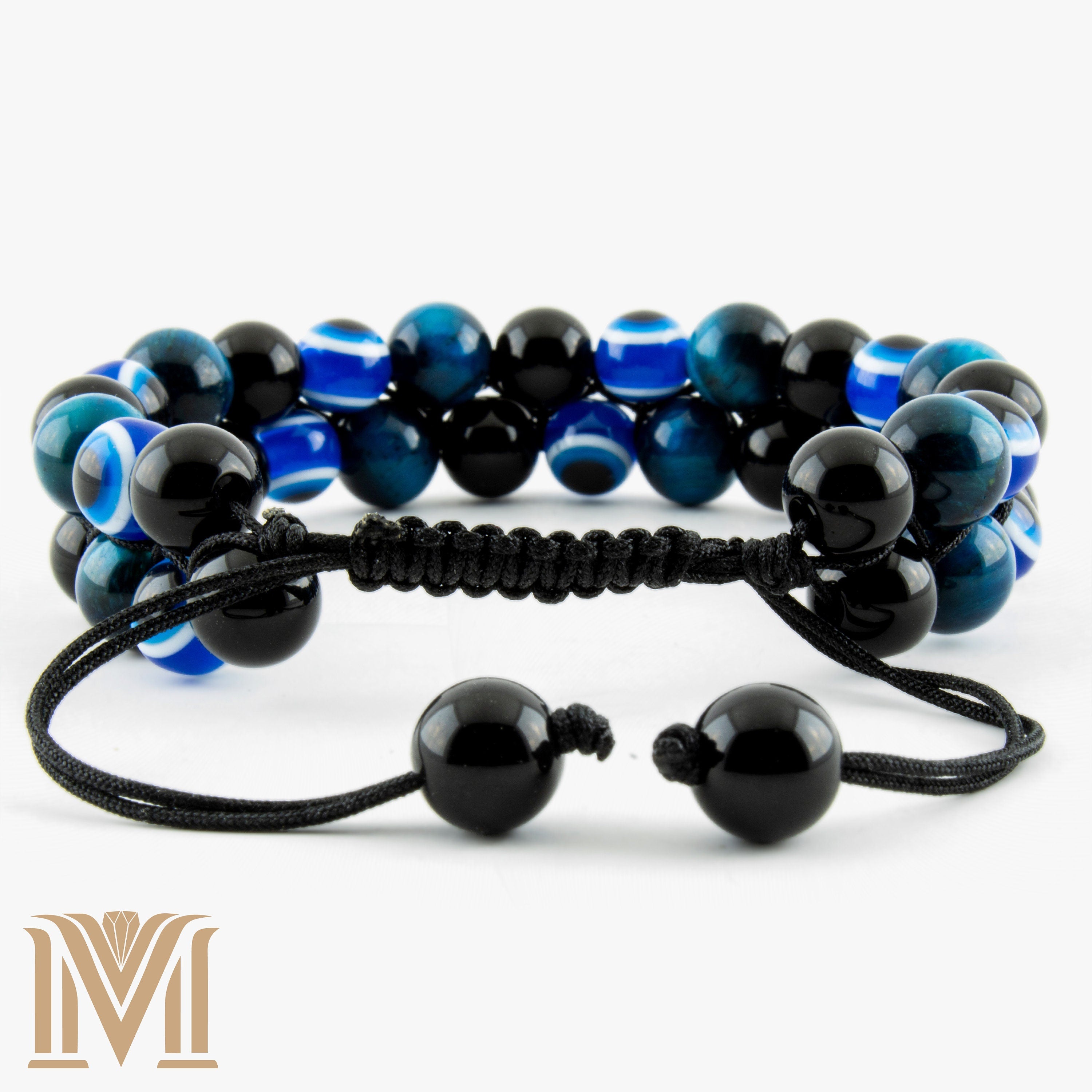 Adjustable black and blue beaded bracelet
