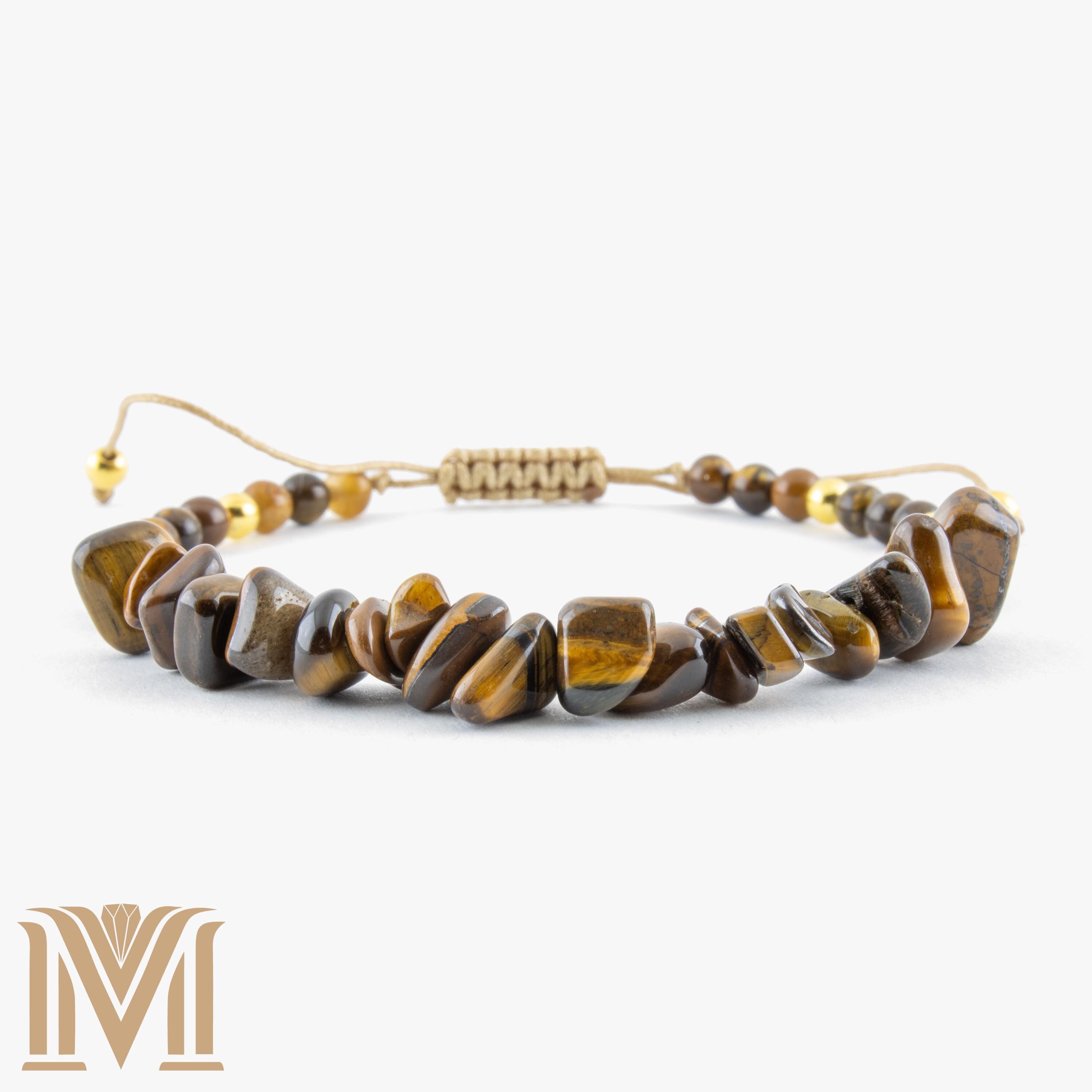 Adjustable Tiger Eye chip bracelet with gold-tone accents