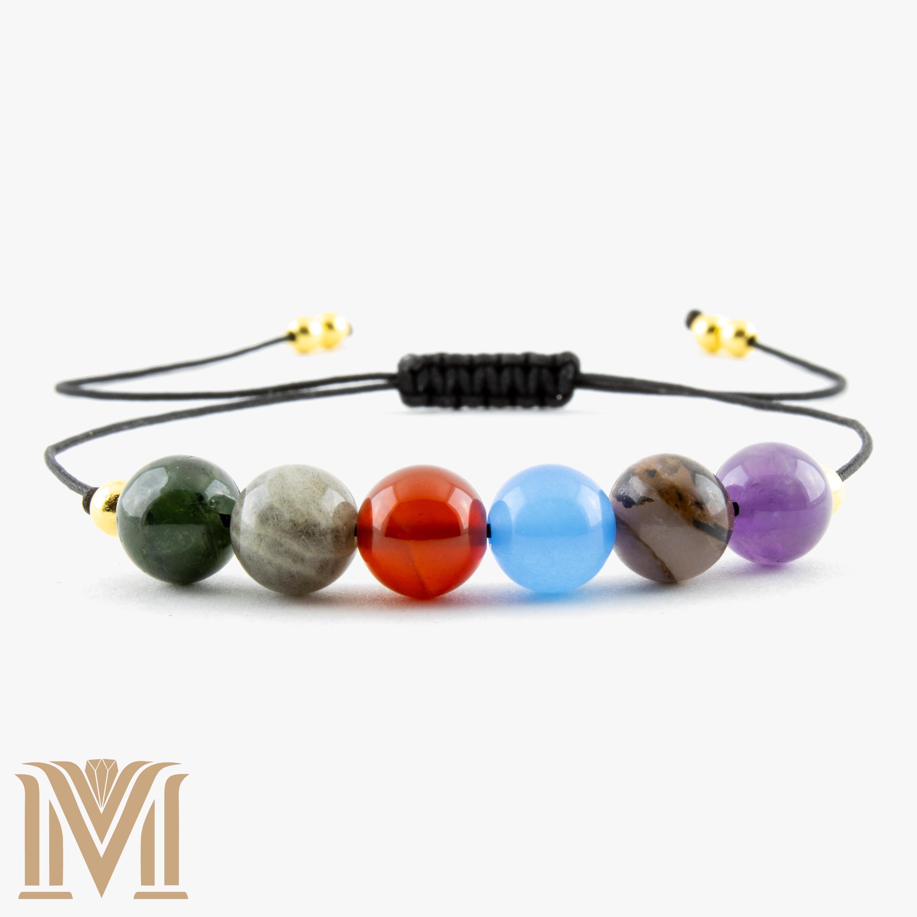 Colorful chakra gemstone bracelet on black cord