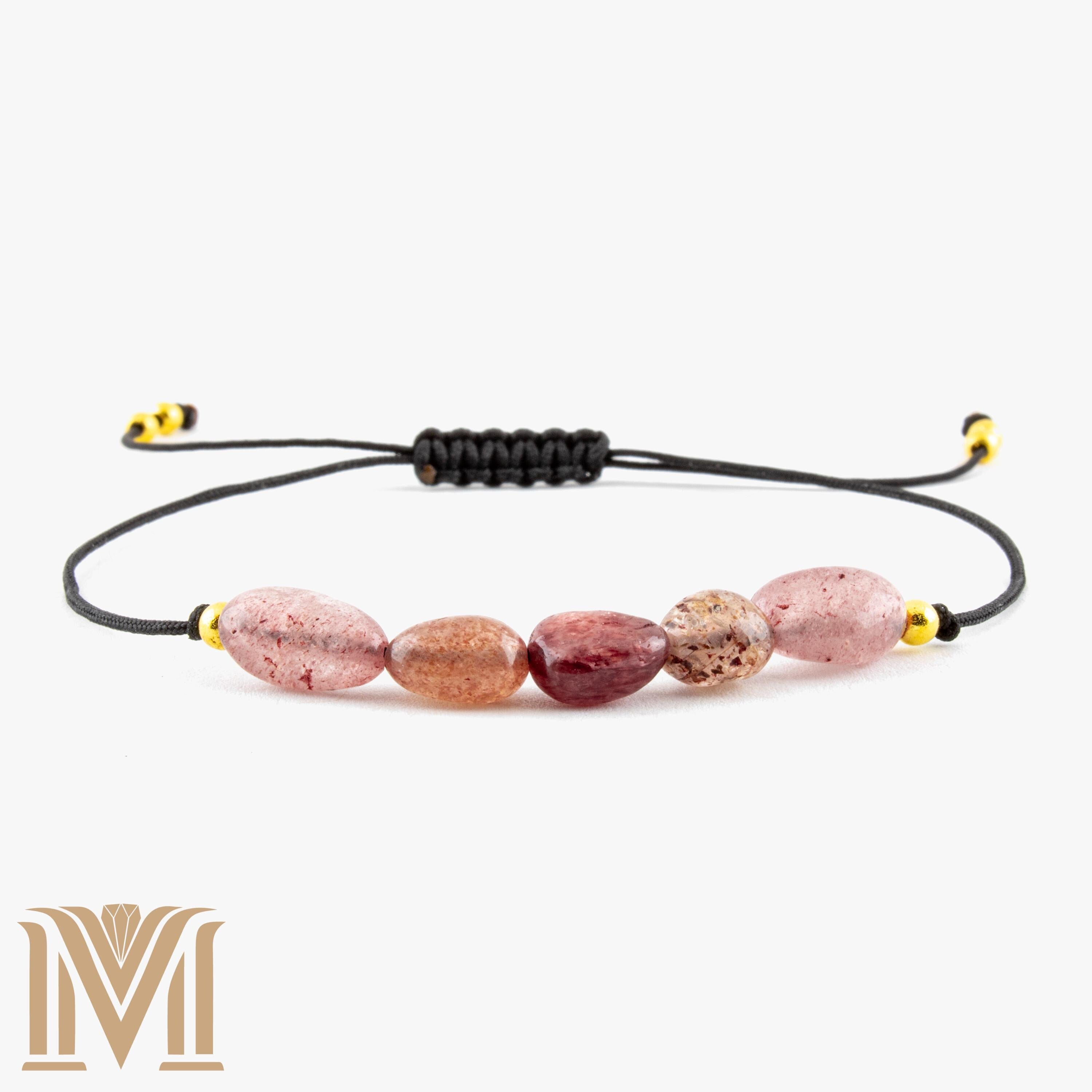 Strawberry Quartz bracelet with black cord and gold accents