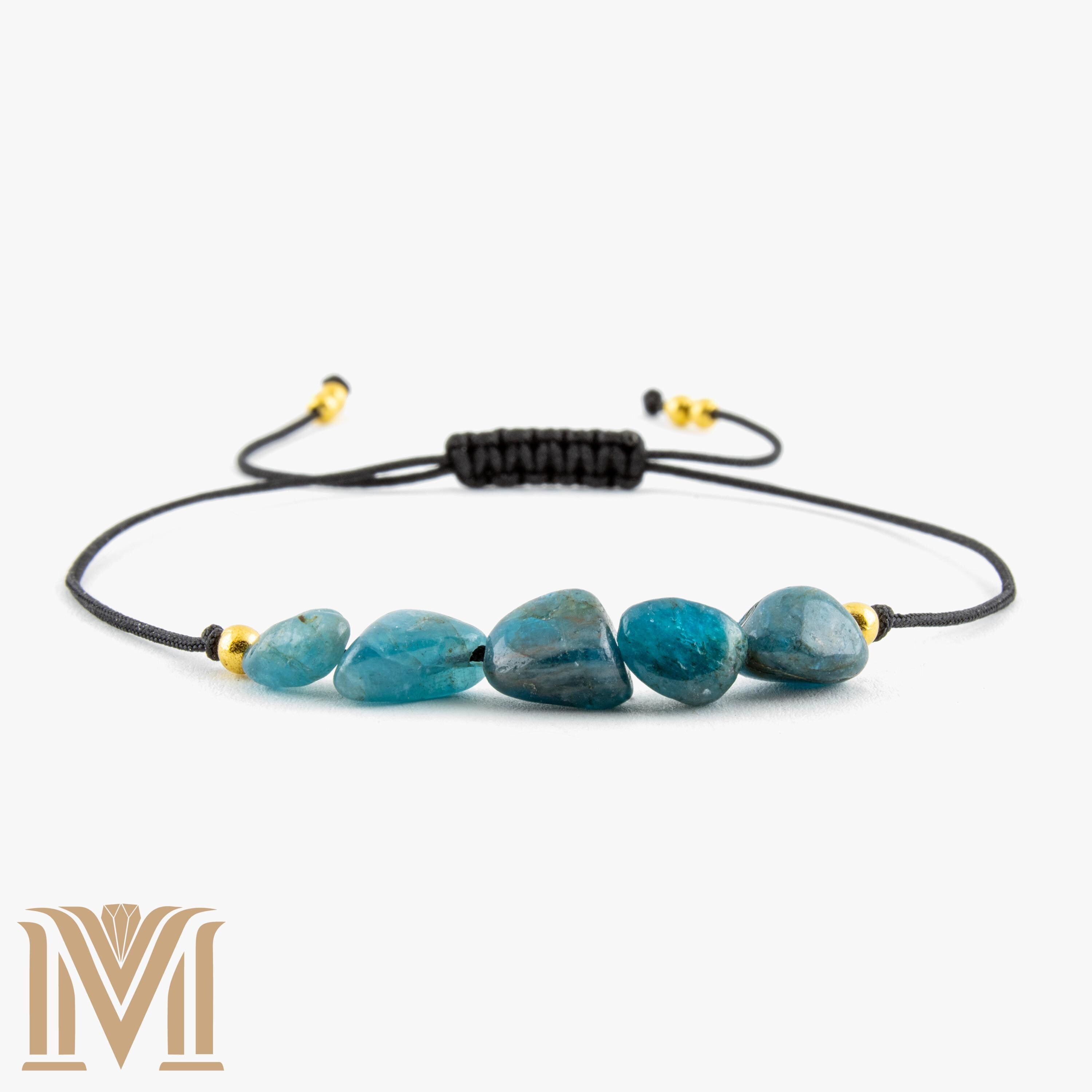 Blue Apatite bracelet with black cord and gold accents