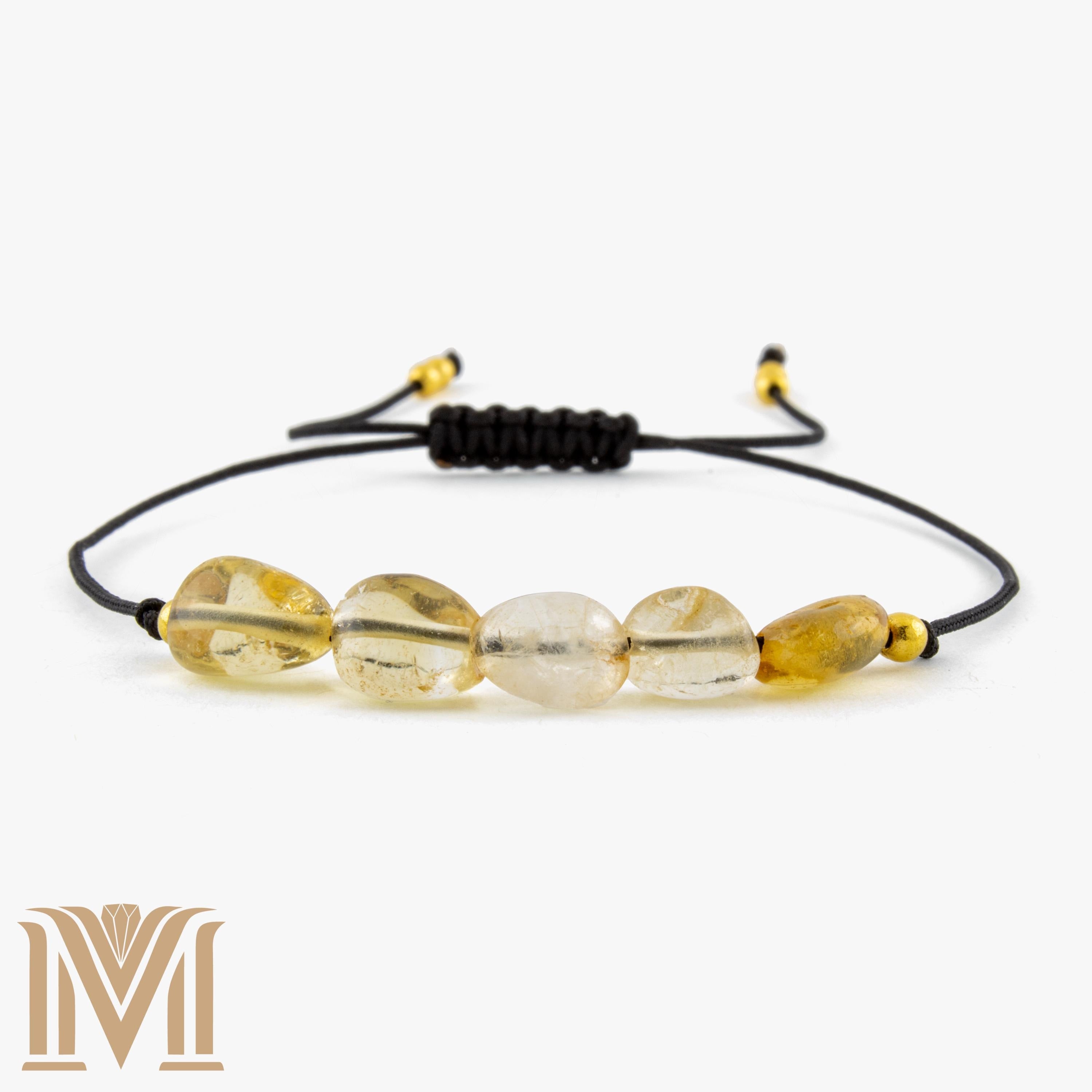 Natural Citrine bracelet with black cord and gold accents