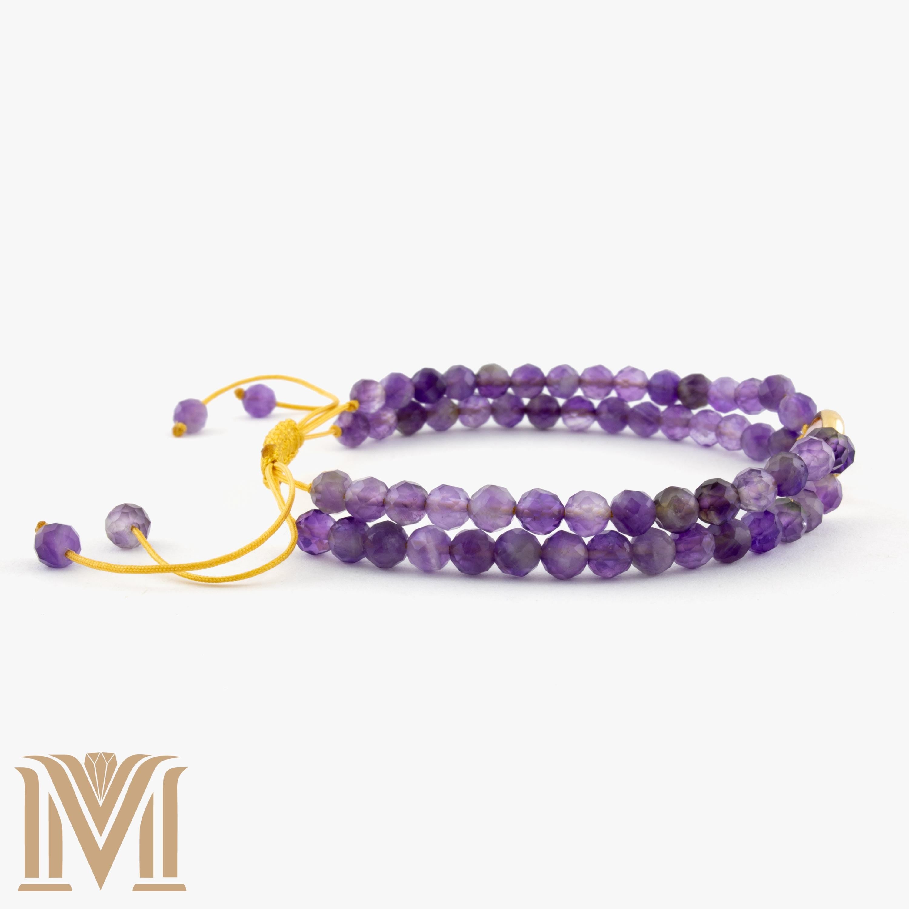 Sliding knot closure on Amethyst bracelet