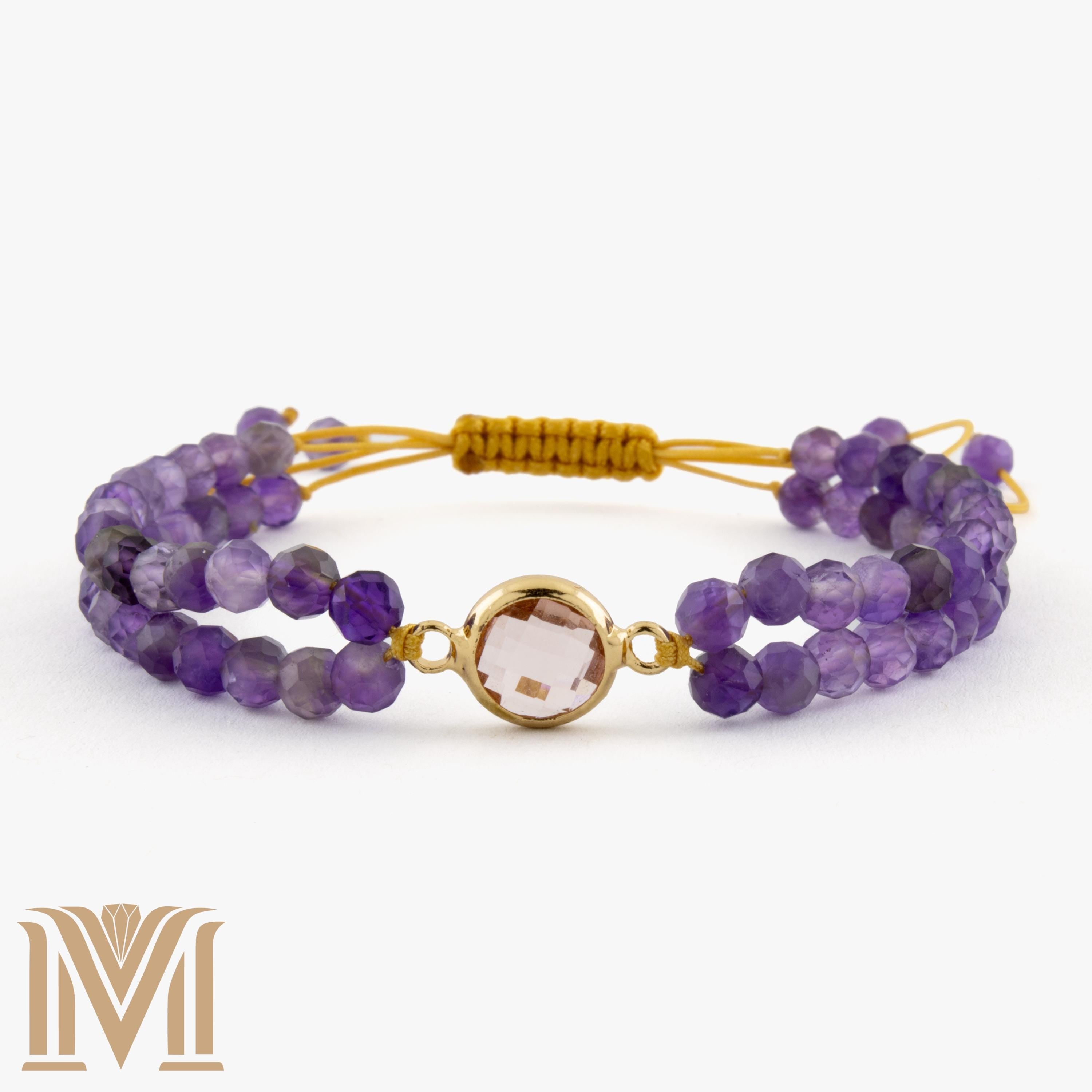 Double-strand Amethyst bracelet with gold bezel centerpiece