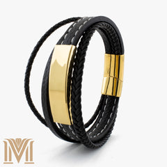 Black leather bracelet with white stitching