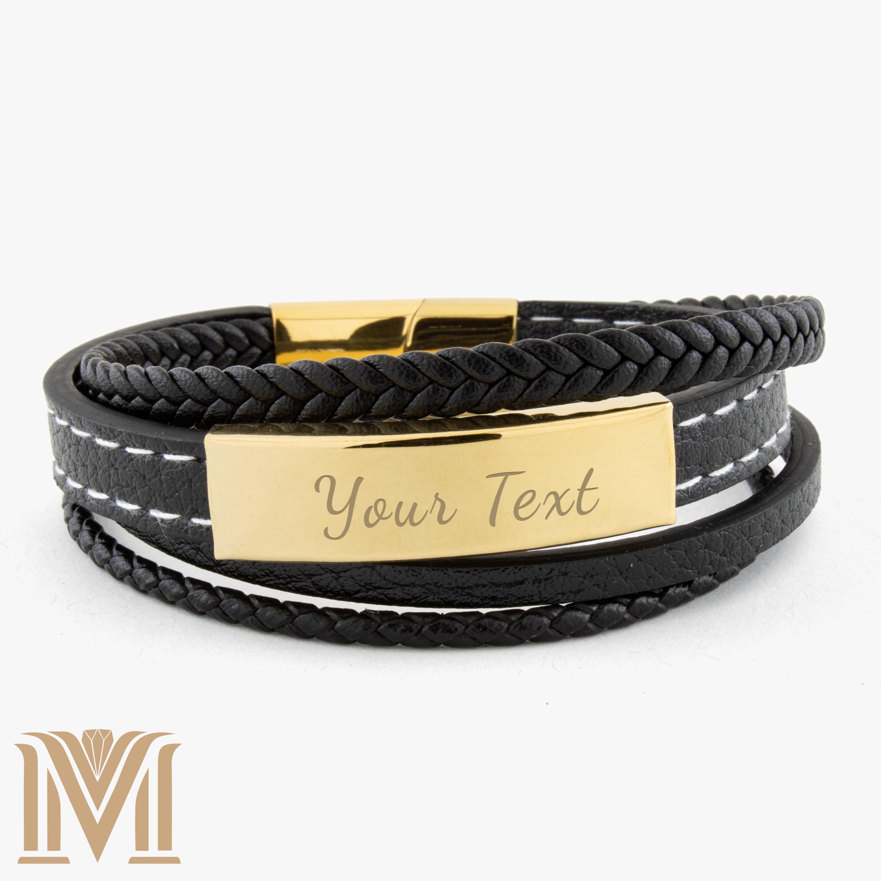 Black leather bracelet with gold clasp and handwriting engraving