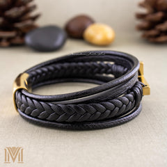 Back view of layered black leather bracelet