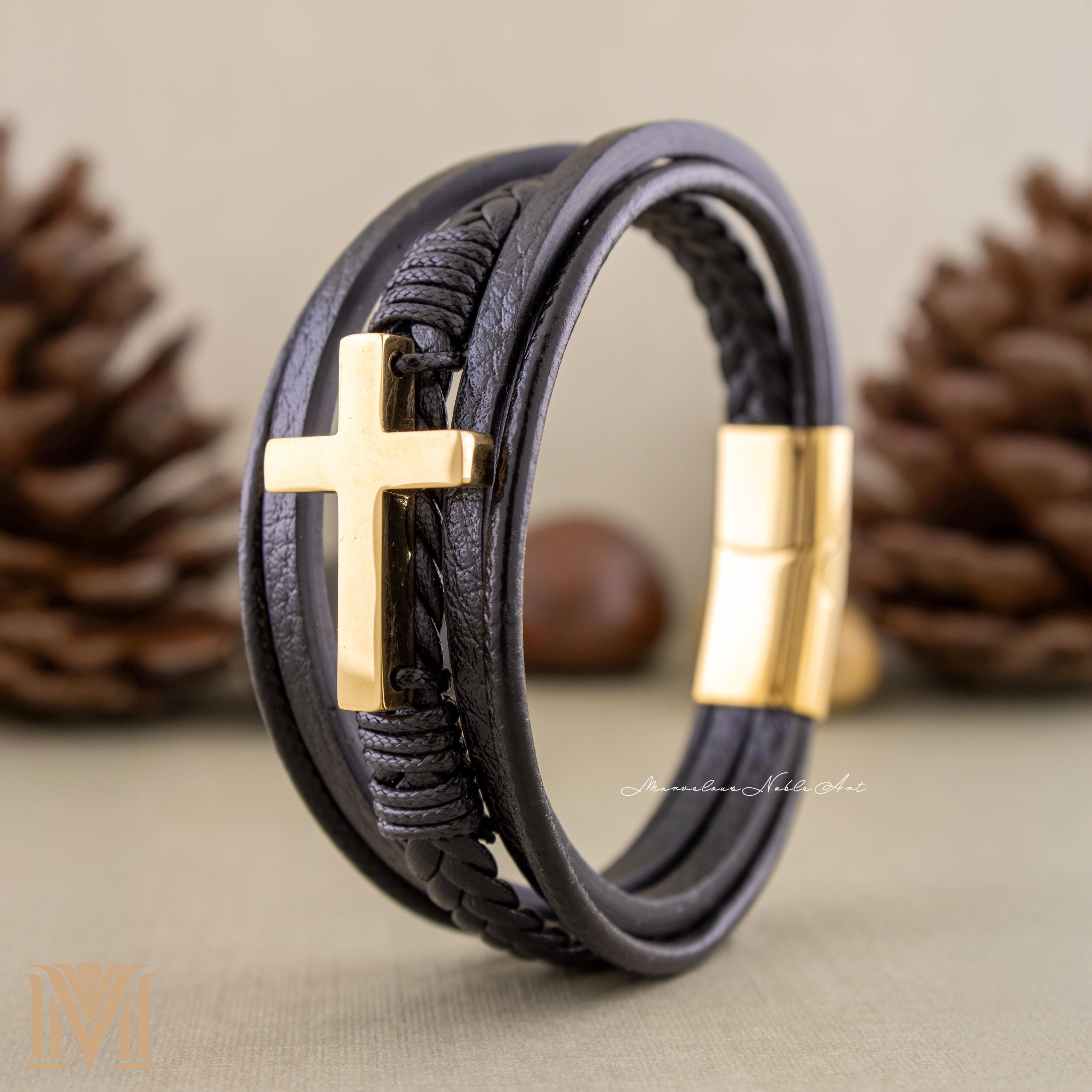 Multi-layer black leather bracelet with cross charm