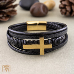 Black leather bracelet with gold cross and engraved clasp