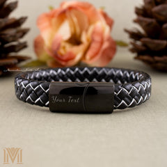Custom engraved black leather bracelet