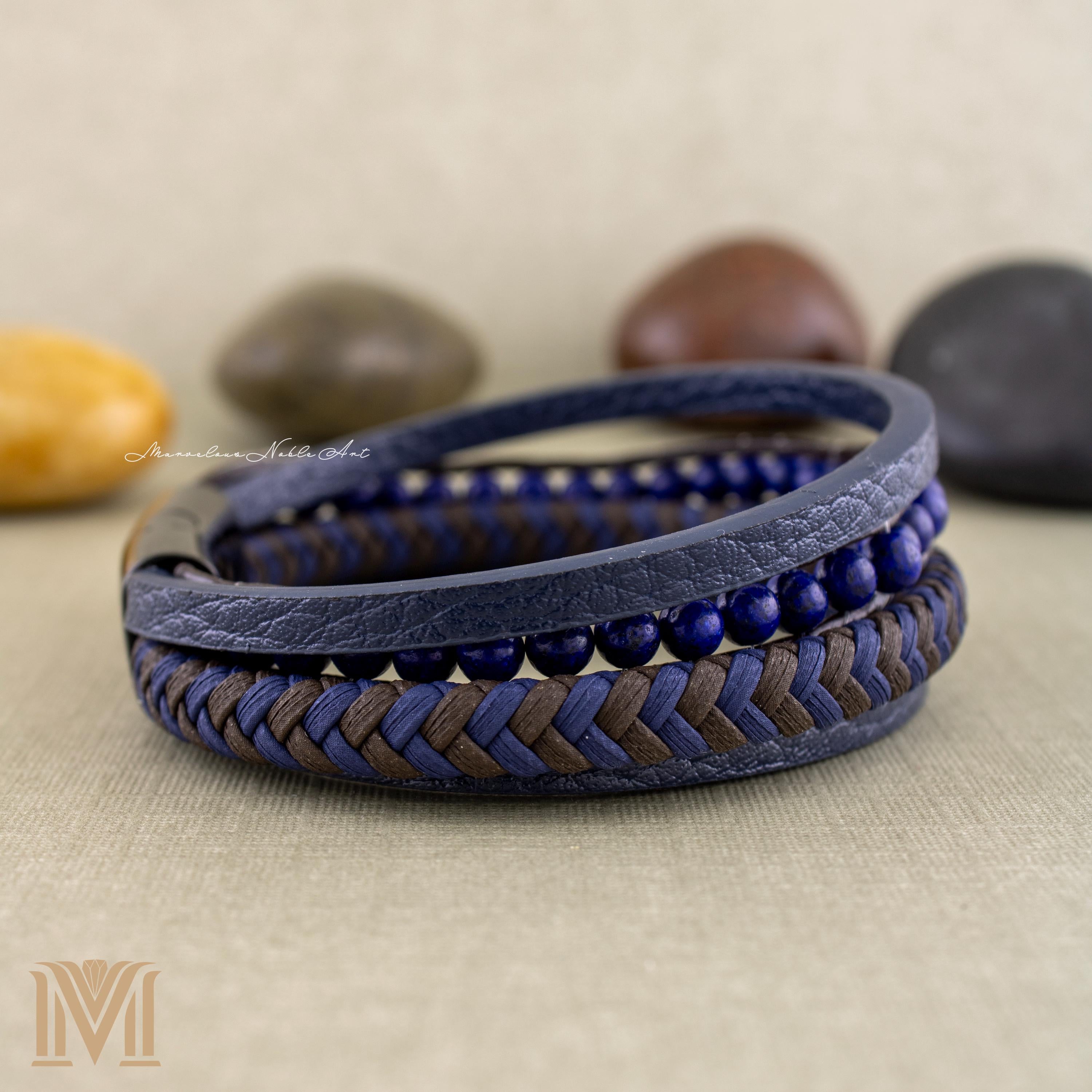 Layered leather and gemstone bracelet
