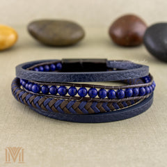 Layered lapis lazuli leather bracelet with engraved clasp