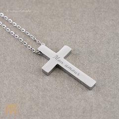 Silver stainless steel cross pendant engraving detail