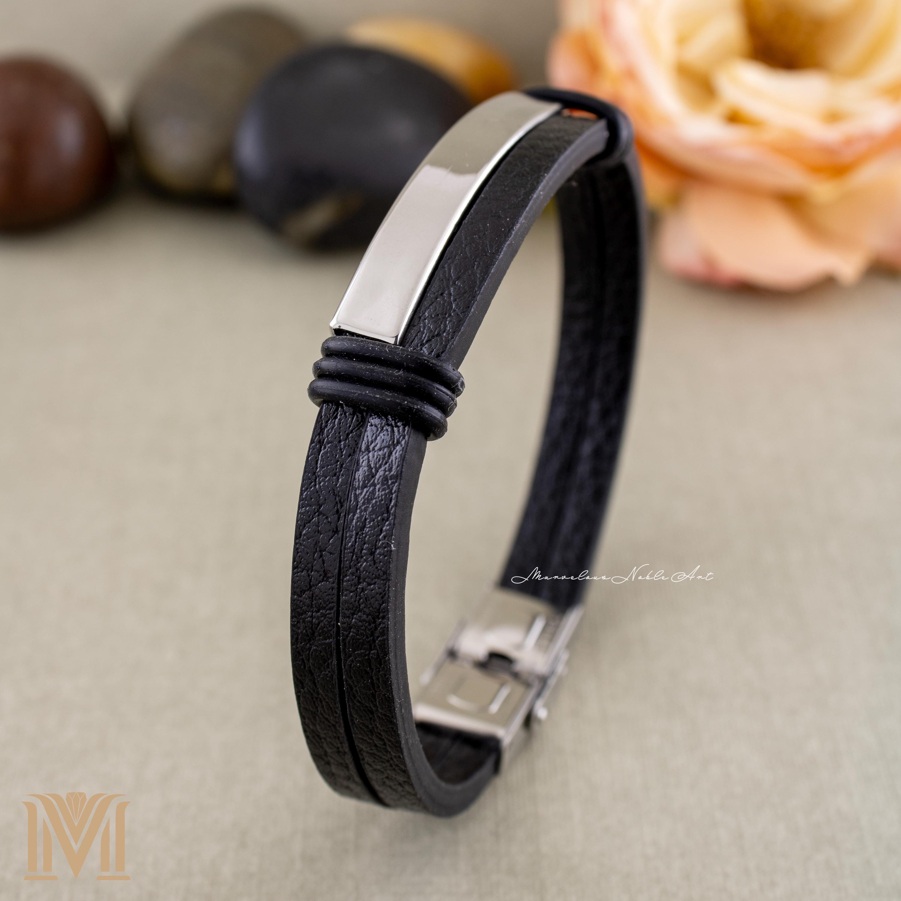 Black leather bracelet angle view
