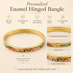Close-up engraved enamel bangle on wrist
