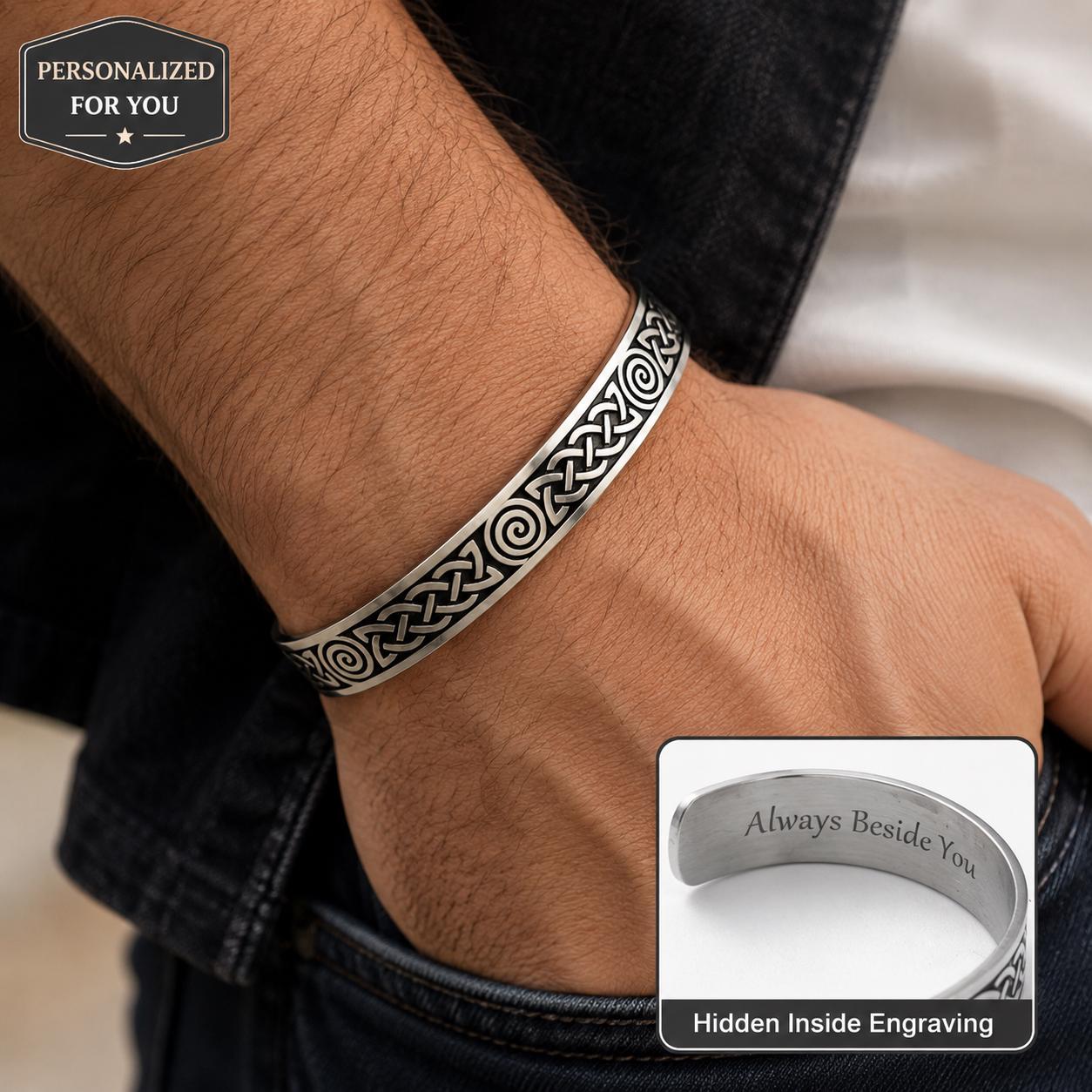 Personalized silver Celtic knot cuff bracelet