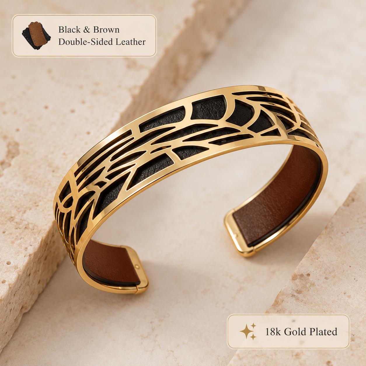 Gold-plated cuff with black leather detail