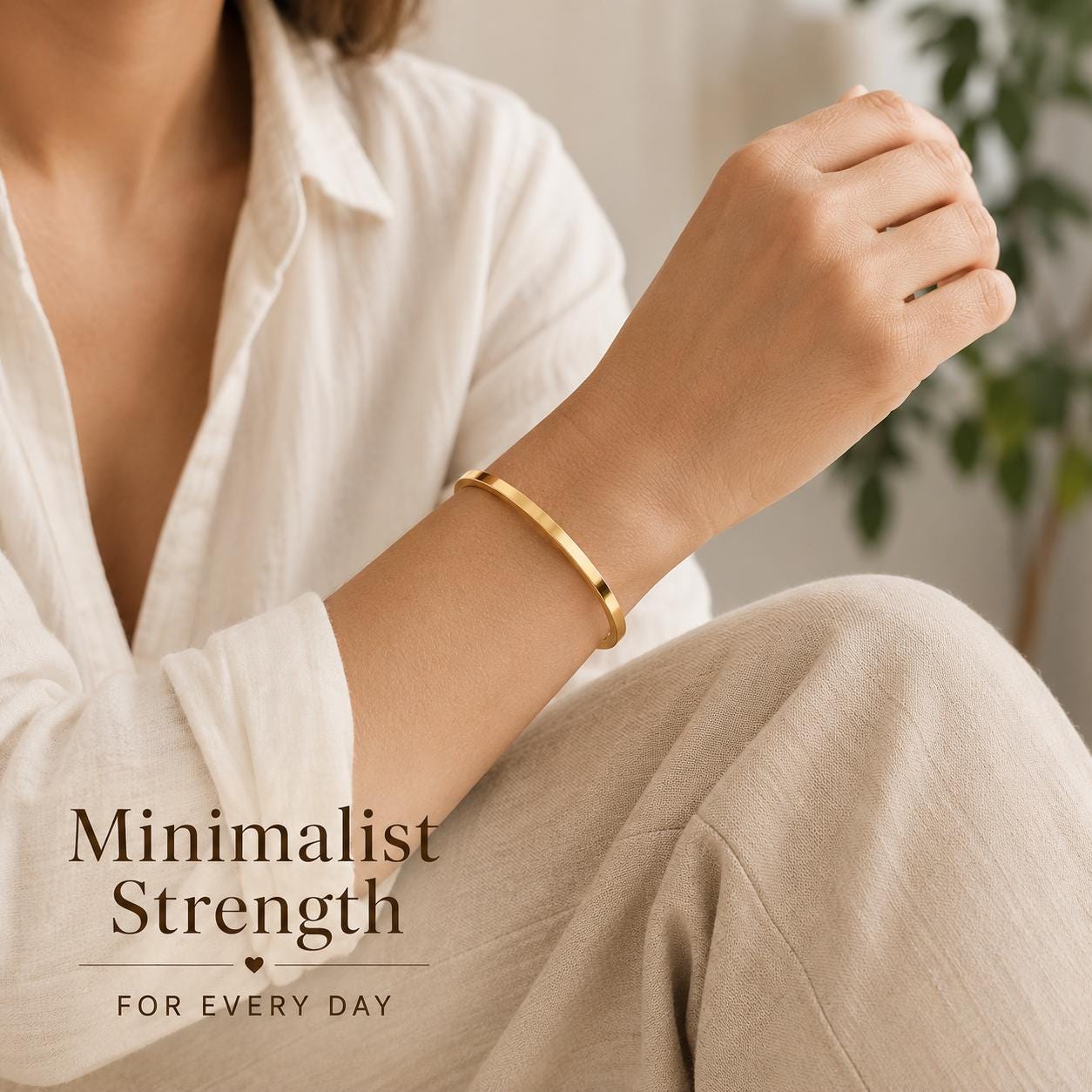 Woman wearing slim gold personalized cuff