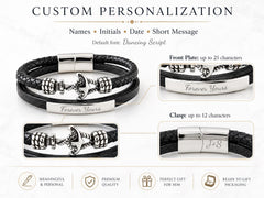 Men's black leather anchor bracelet