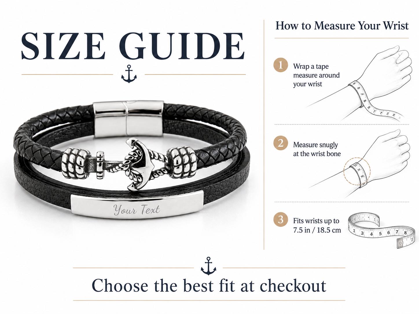 Close-up anchor bracelet engraving