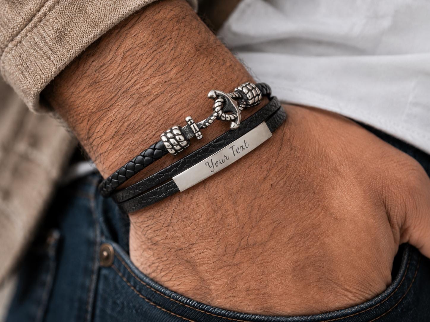 Custom engraved anchor bracelet for him