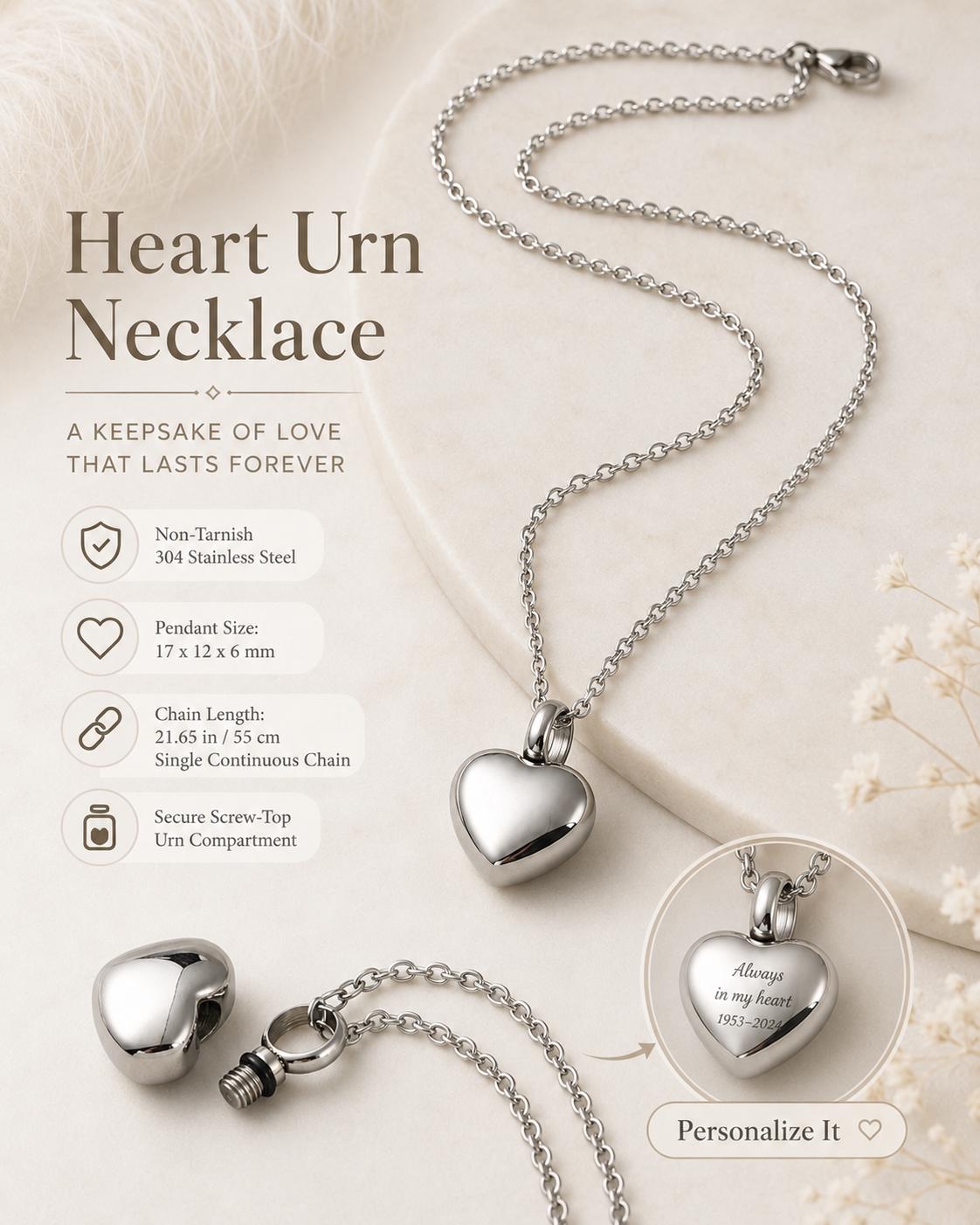 Personalized stainless steel heart urn necklace