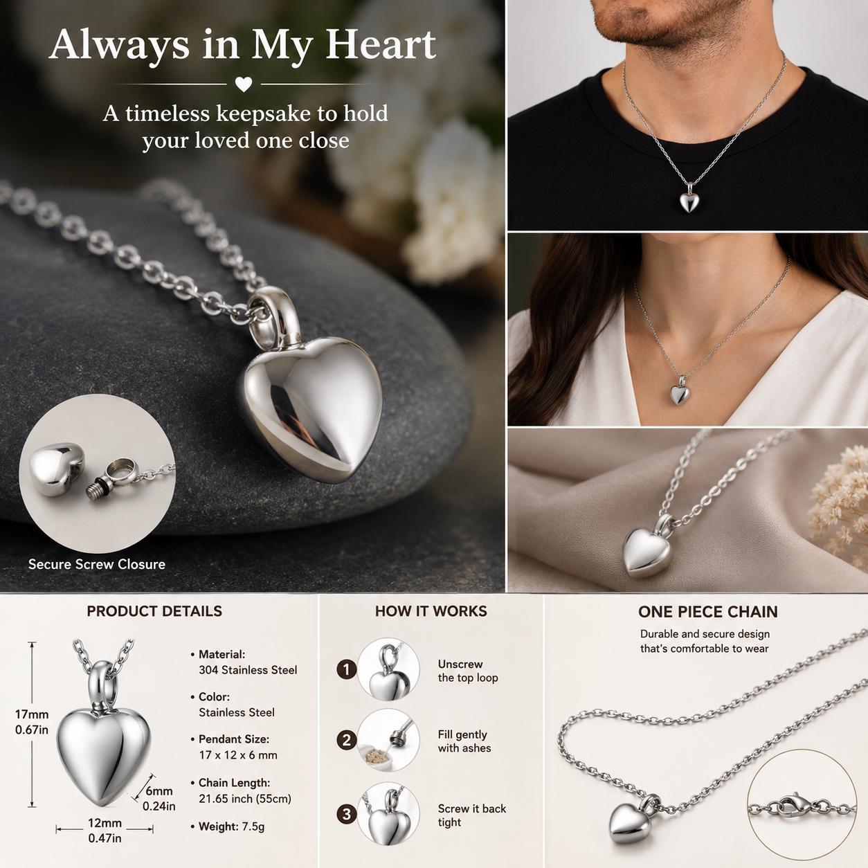 Heart urn necklace screw-top compartment