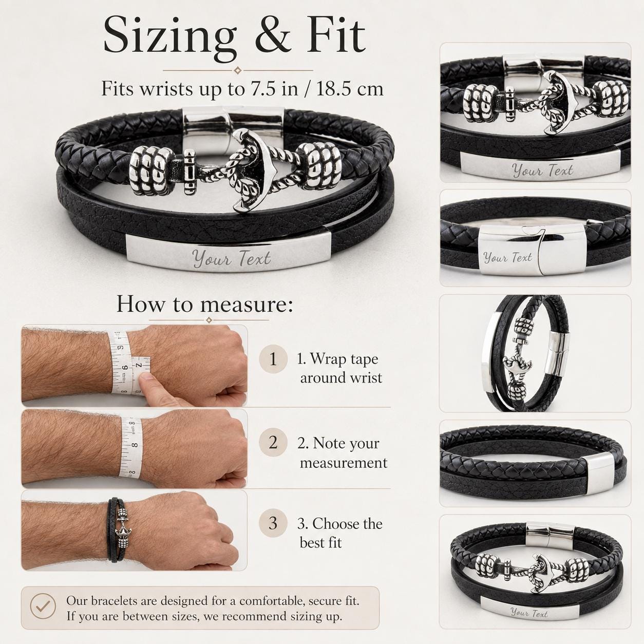 Men's leather bracelet with anchor charm