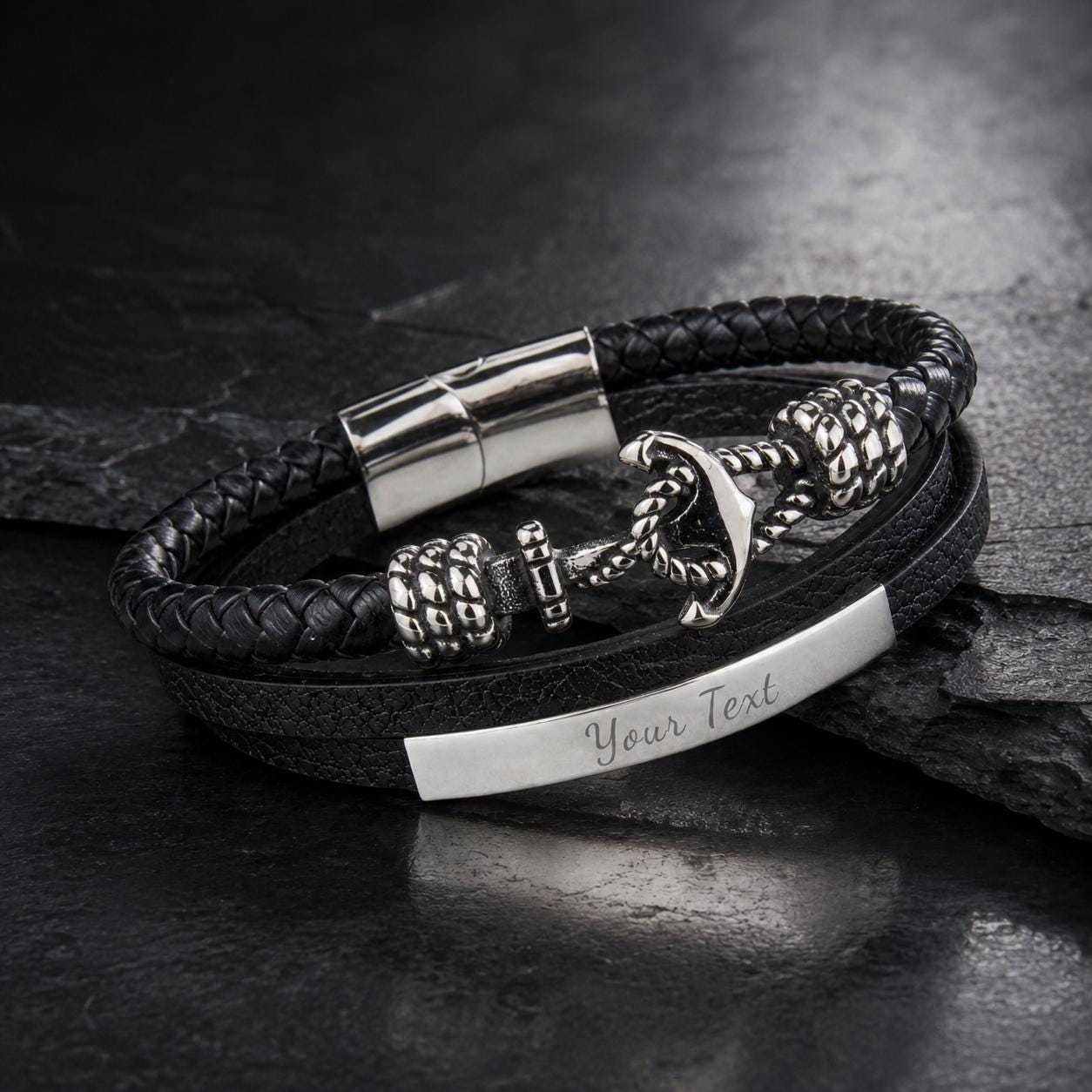 Black leather bracelet with custom name plate