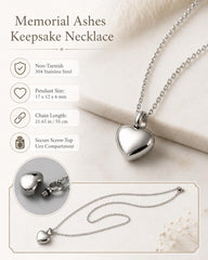 Heart urn necklace material and size infographic