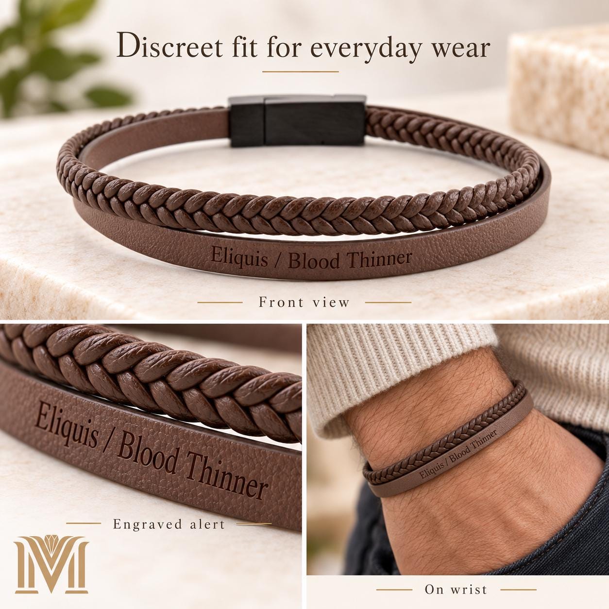 Man wearing brown leather medical ID bracelet