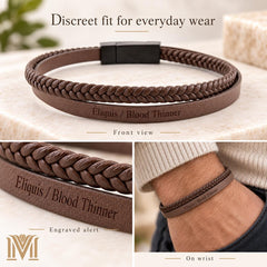 Man wearing brown leather medical ID bracelet