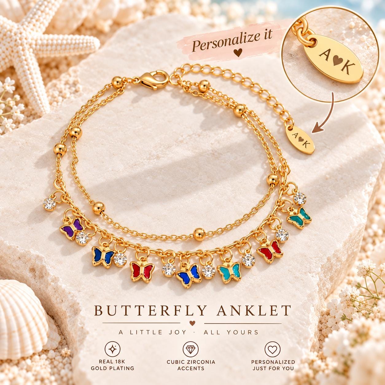 Personalized butterfly anklet with engraved initials