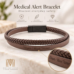 Brown leather medical ID bracelet with medication engraving