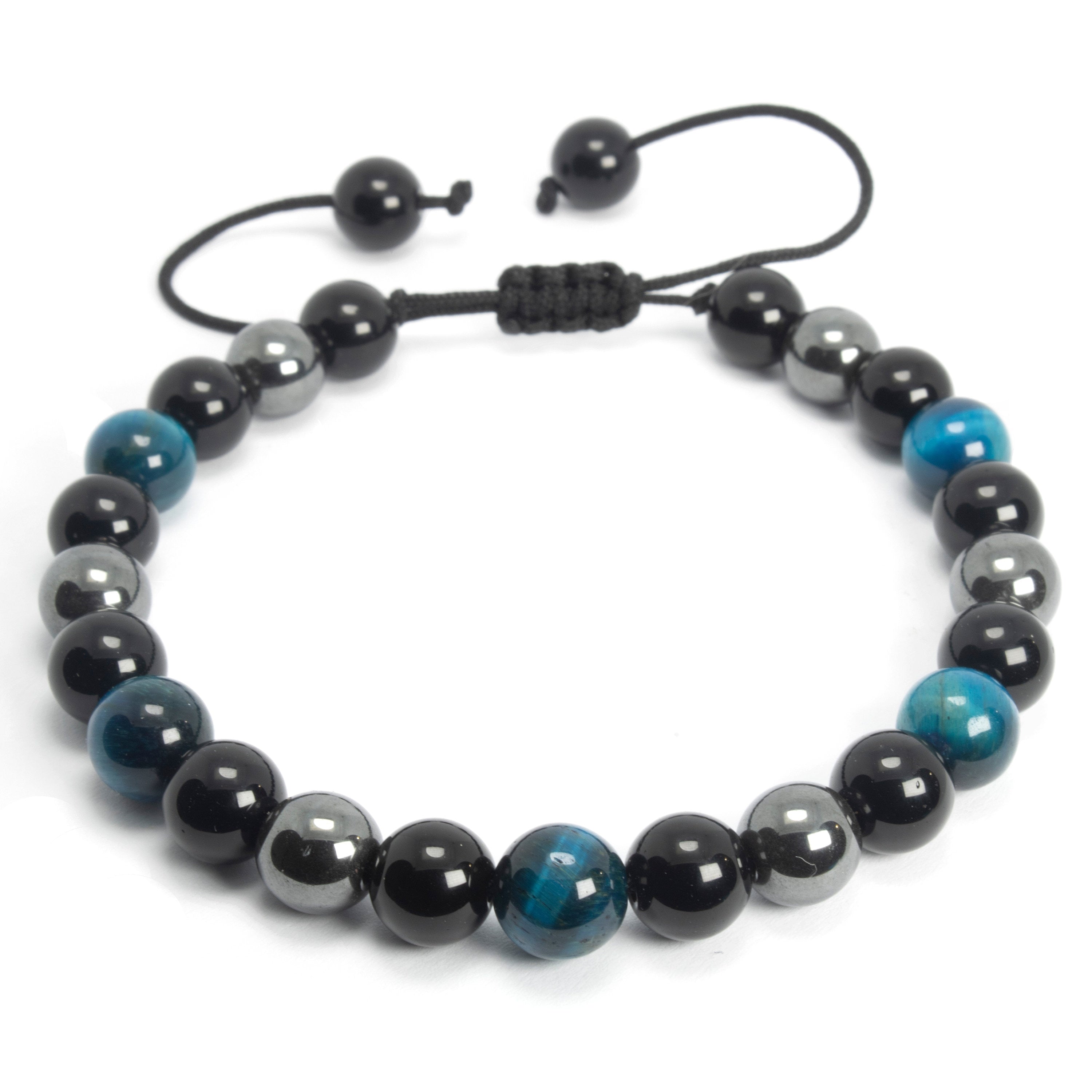 Blue Tiger eye, Hematite, and Onyx Bracelet, 8mm - Natural - Adjustable