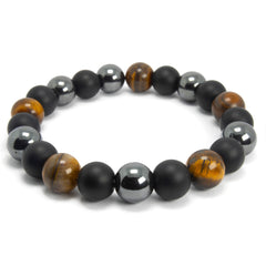 Power Trio: 10mm Tiger Eye, Onyx, and Hematite Bracelet for Strength and Balance