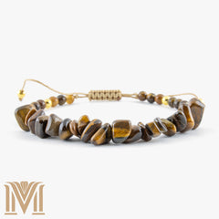 Adjustable Tiger Eye chip bracelet with gold-tone accents
