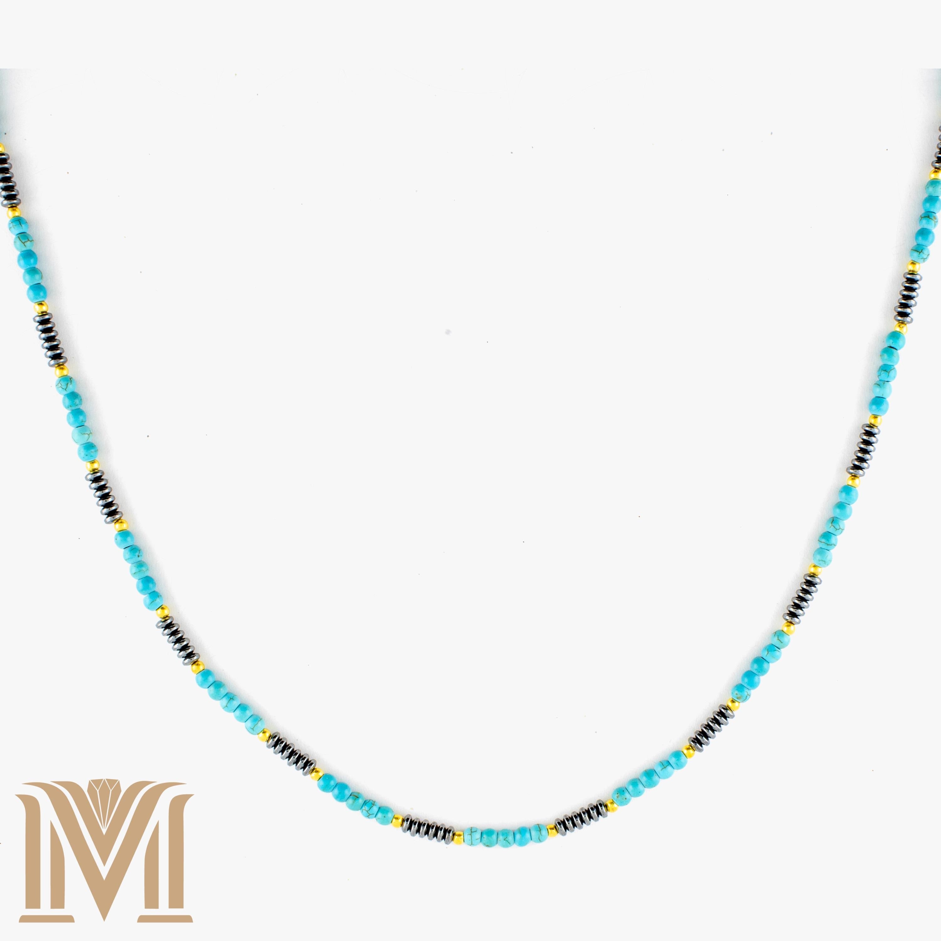 Turquoise and Hematite choker necklace with gold accents