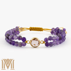 Double-strand Amethyst bracelet with gold bezel centerpiece