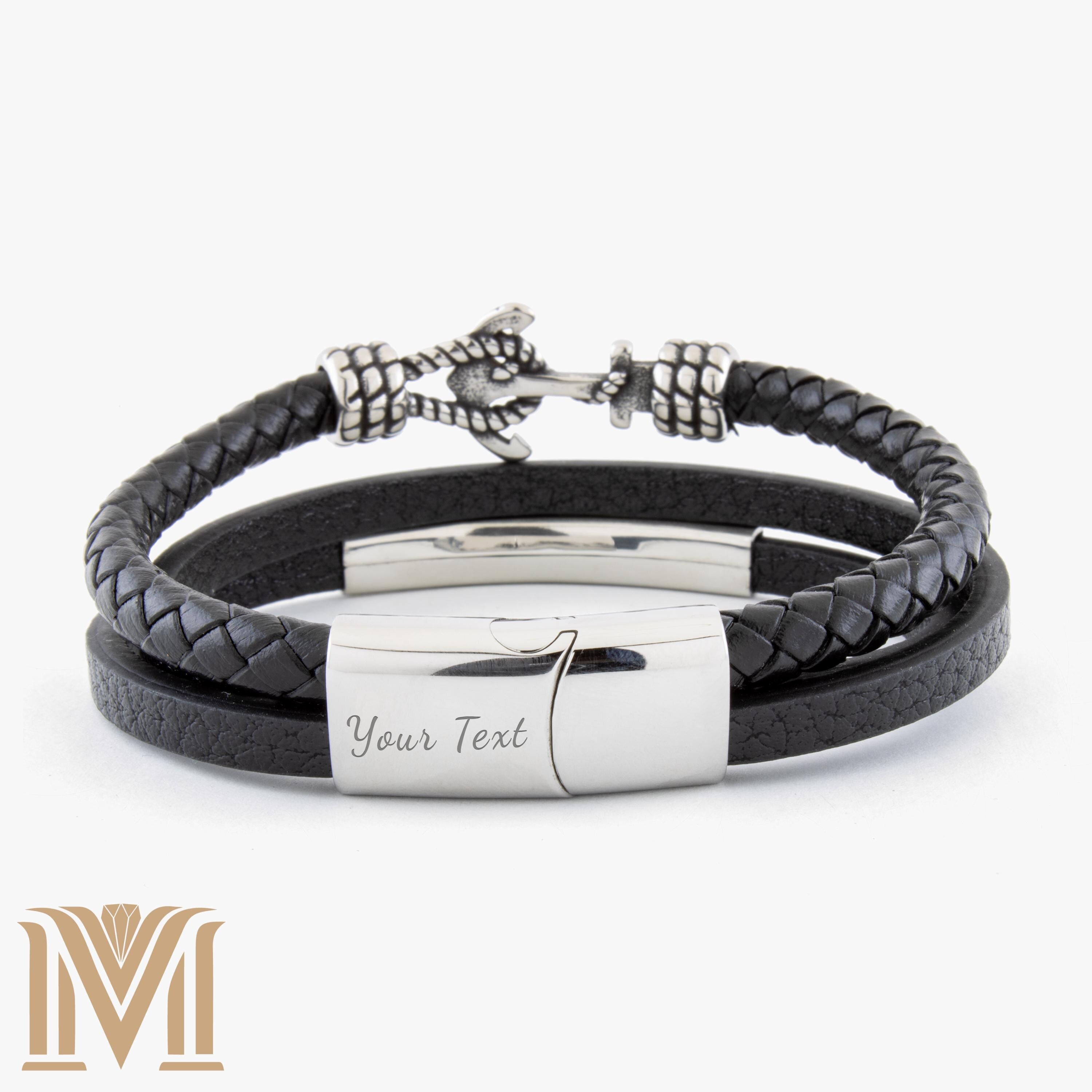 Black leather wrap bracelet with engraved plate