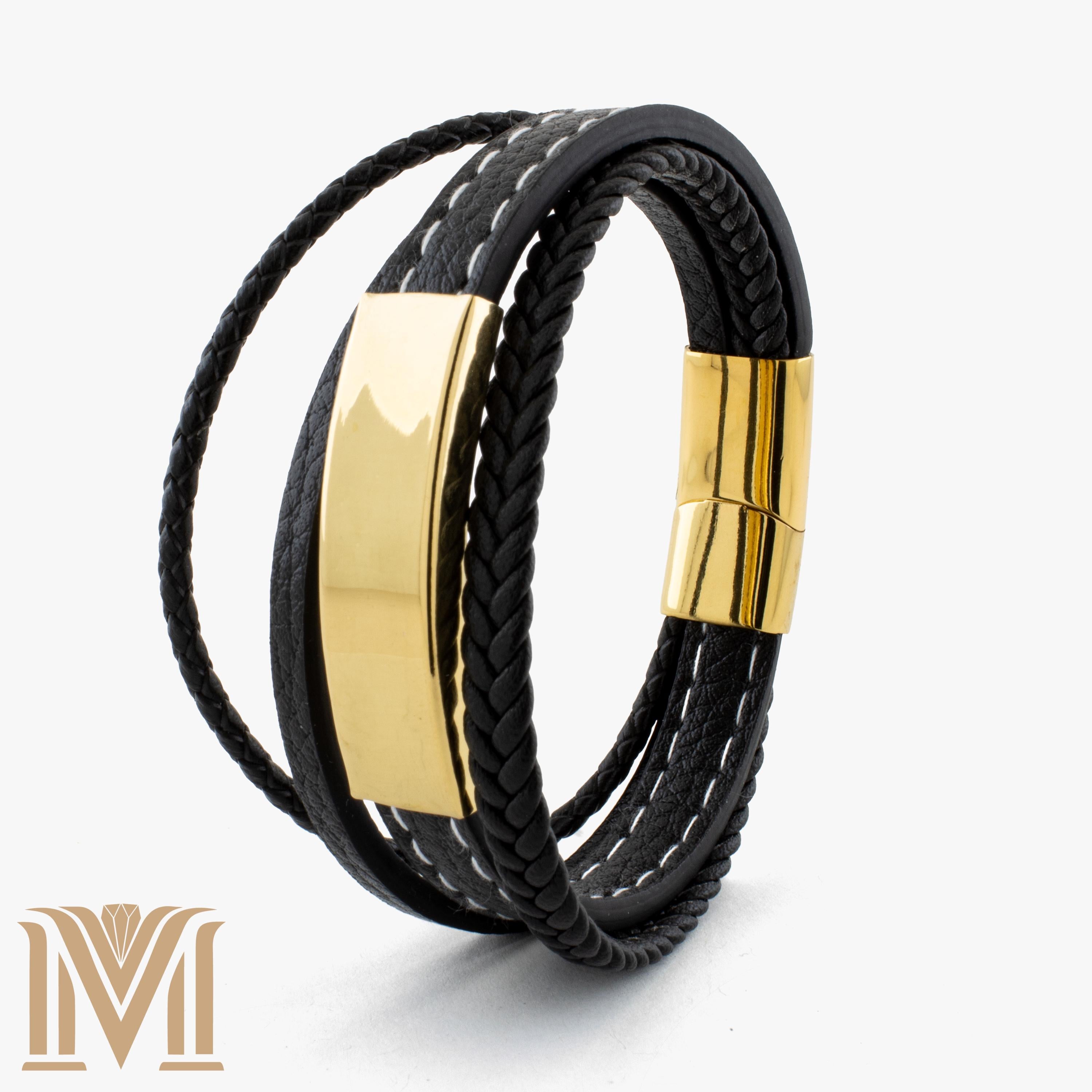Black leather bracelet with white stitching