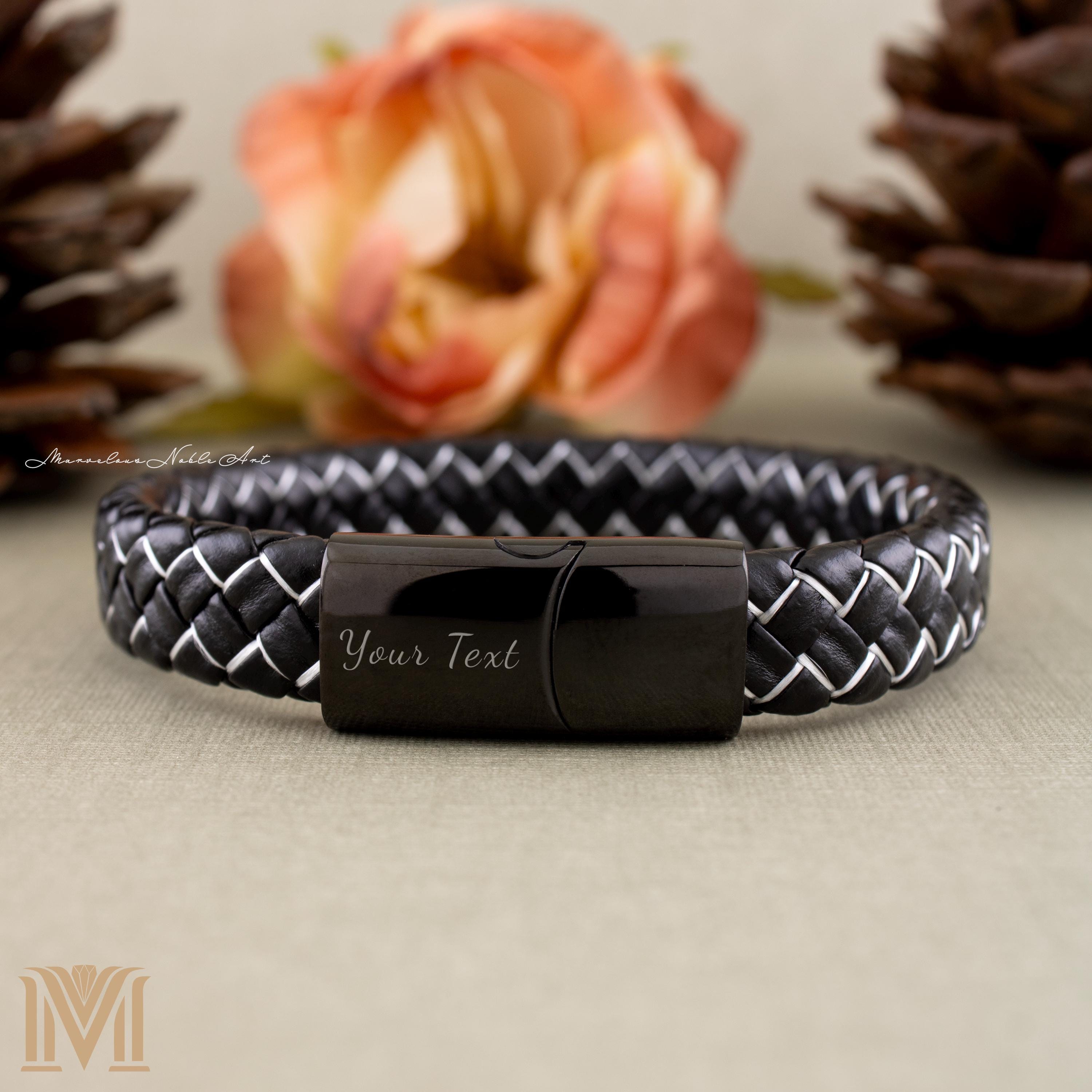Custom engraved black leather bracelet