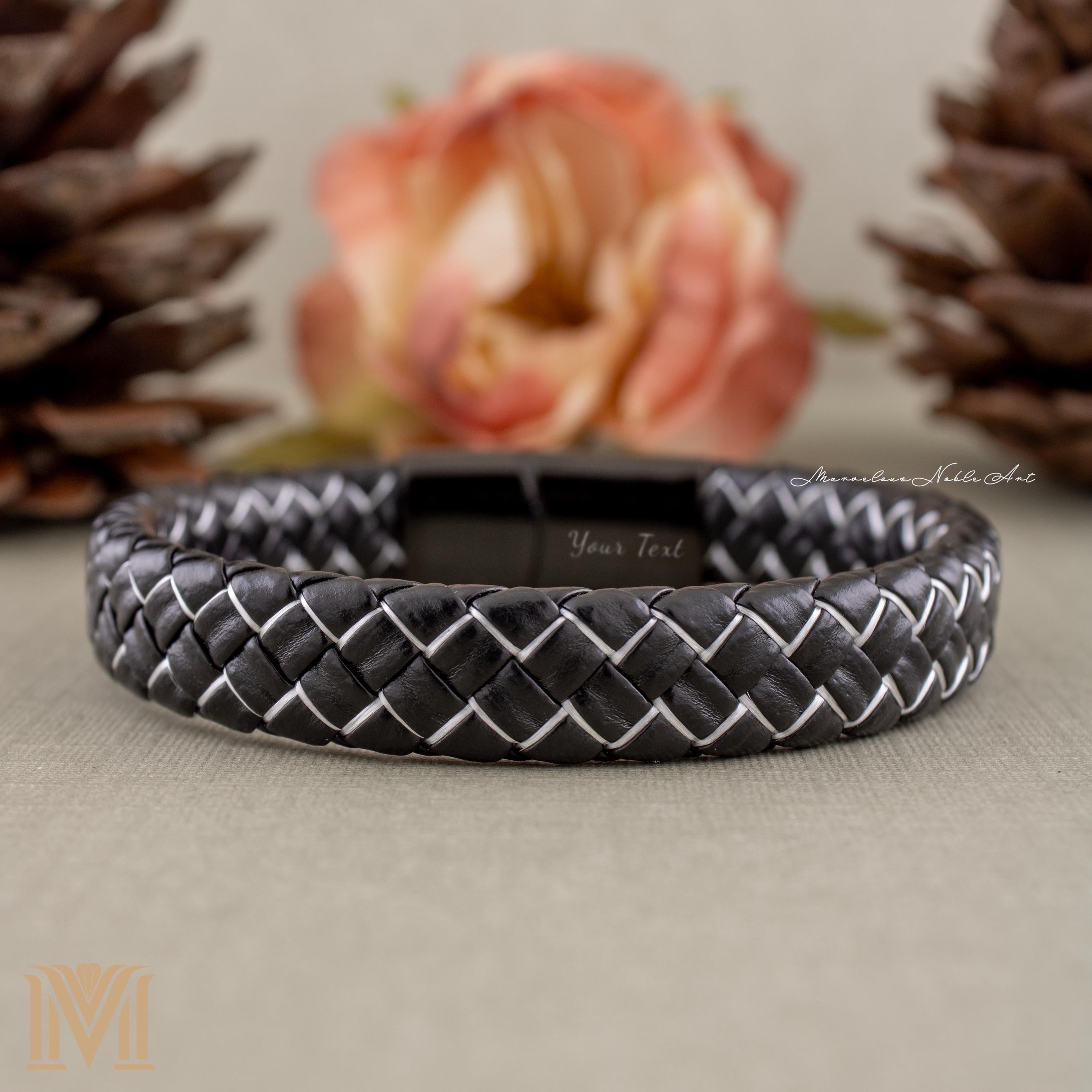 Black braided leather bracelet with black magnetic clasp