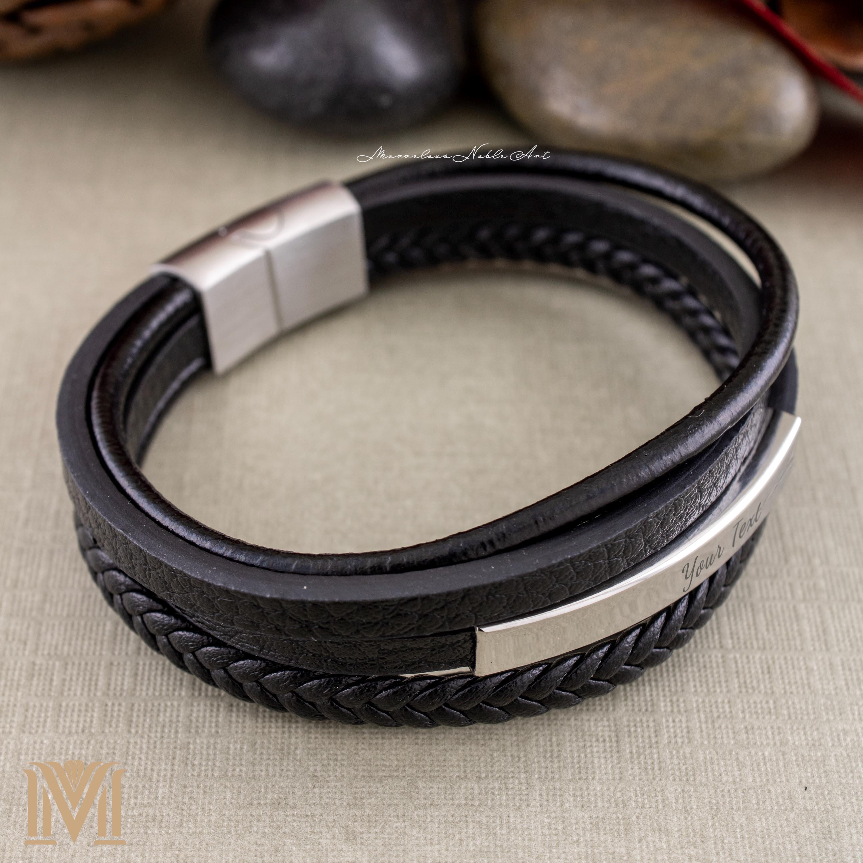 Engraved men’s multi-layer leather bracelet