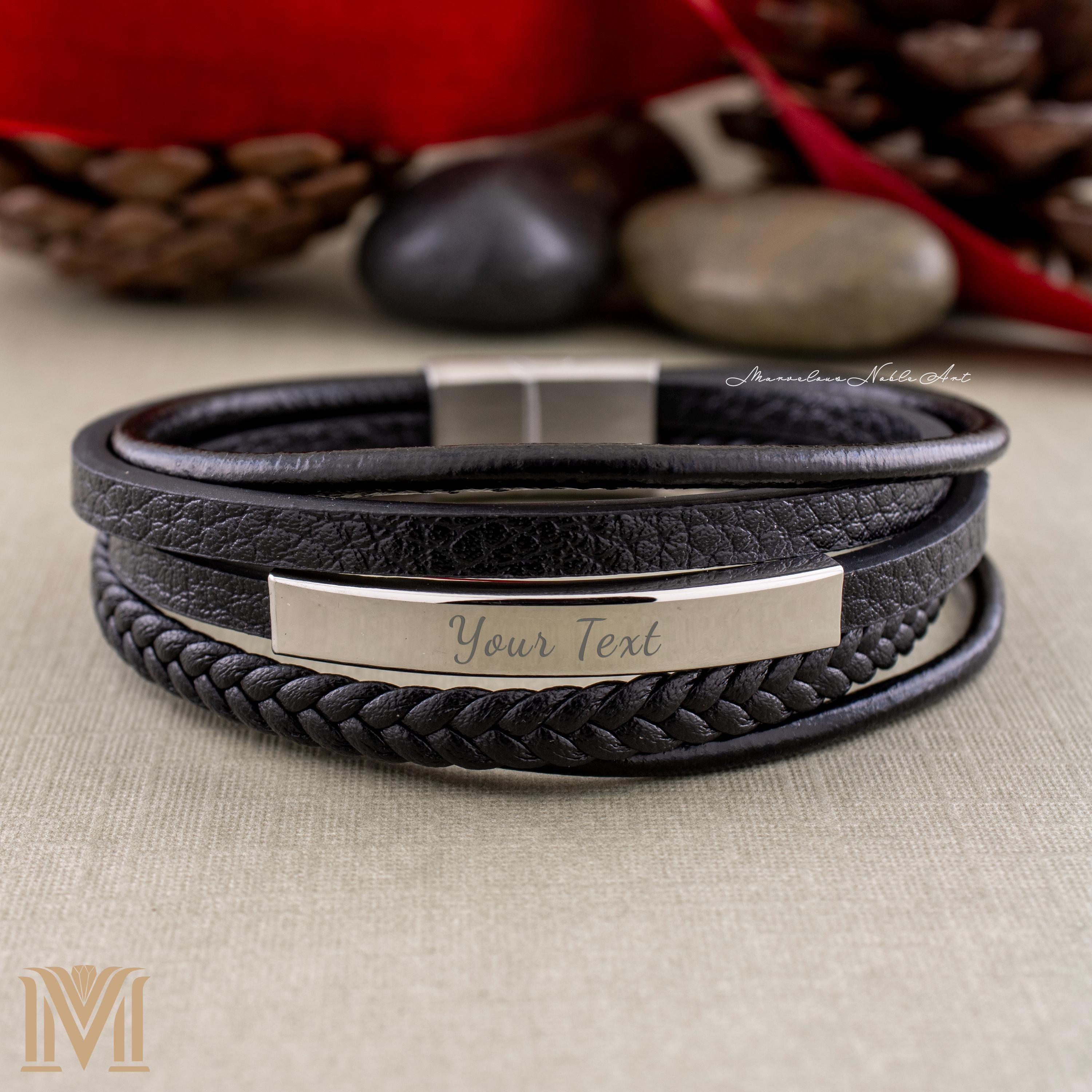 Black multi-layer leather bracelet with silver clasp