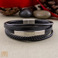 Black multi-layer leather bracelet with silver clasp