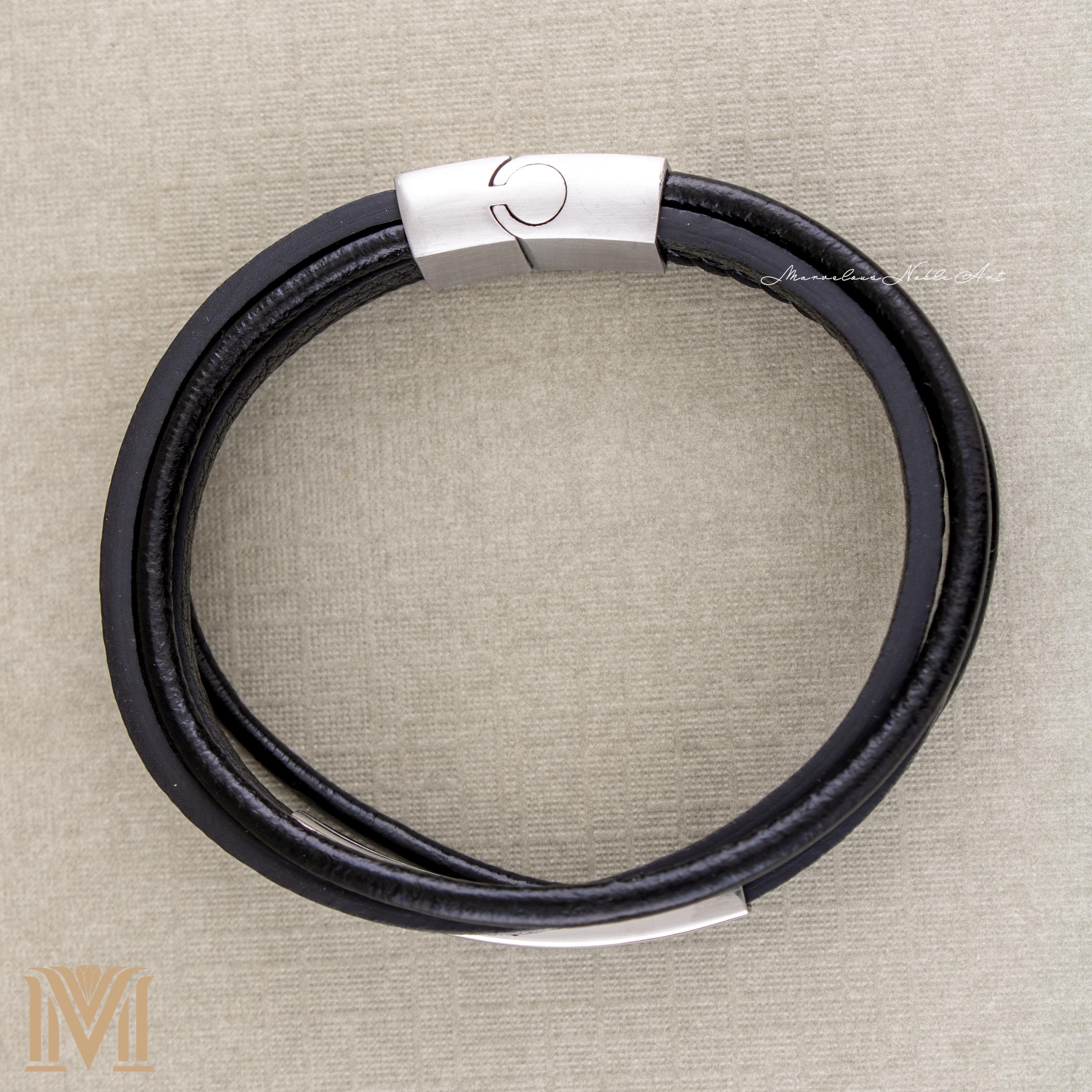 Top view of engraved leather bracelet