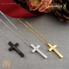 Personalized stainless steel cross necklaces in black silver and gold
