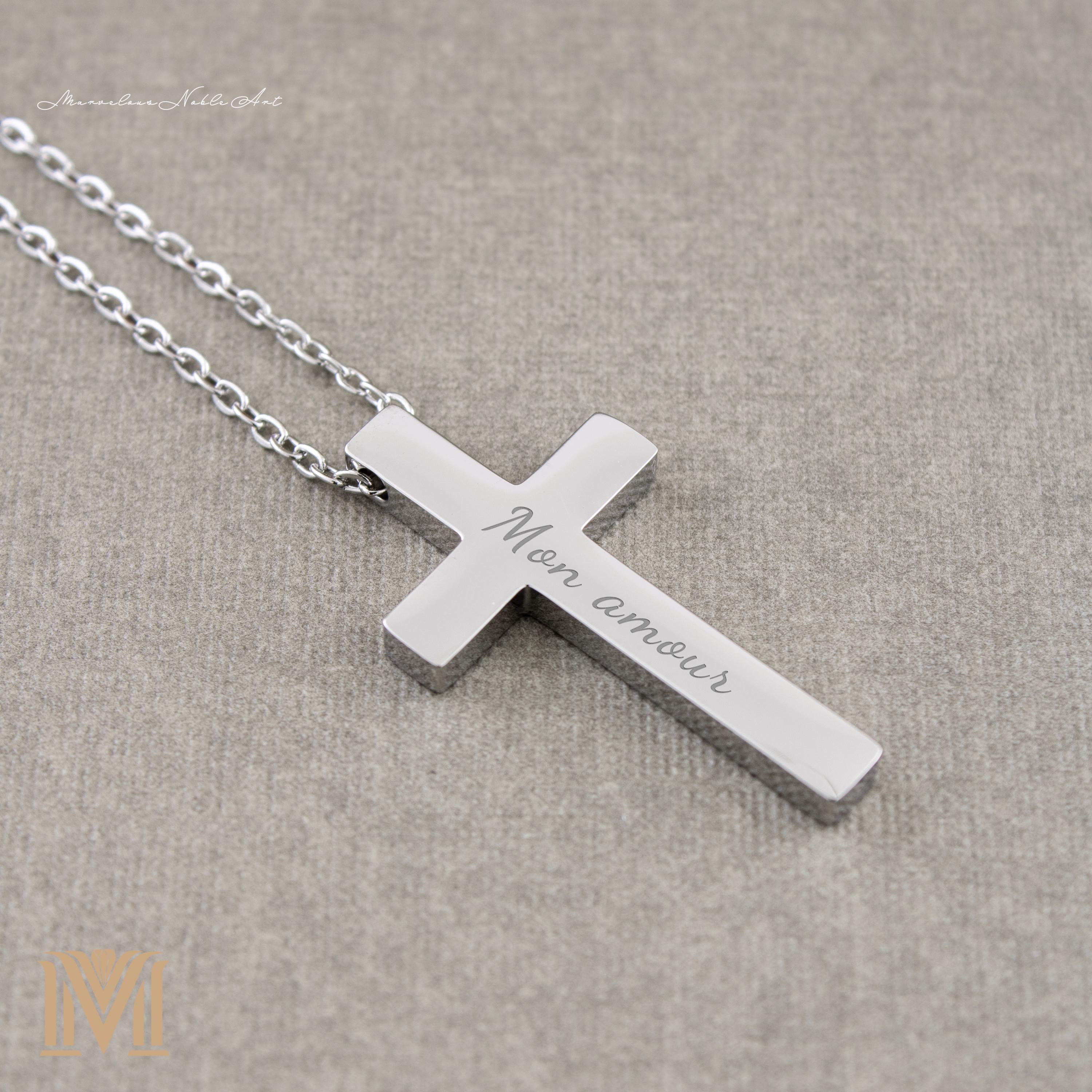 Silver stainless steel cross pendant engraving detail